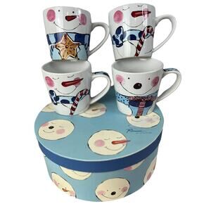 New ROSANNA Snowmen‎ Mug Set (4) Winter Christmas Holiday Coffee Cup Scarf Gift
